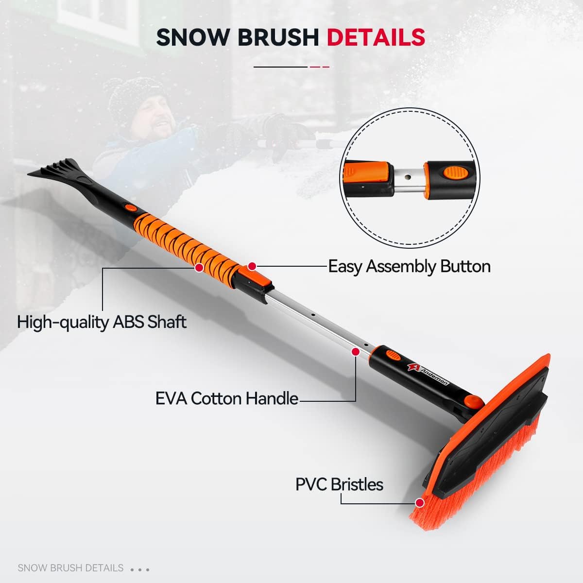 Andeman 37.6" Extendable Snow Brush and Ice Scraper Car Windshield, Foam Grip, 180° Pivoting Brush Head, Ice and Snow Remover for Cars Trucks RV SUV, House Window and Roof