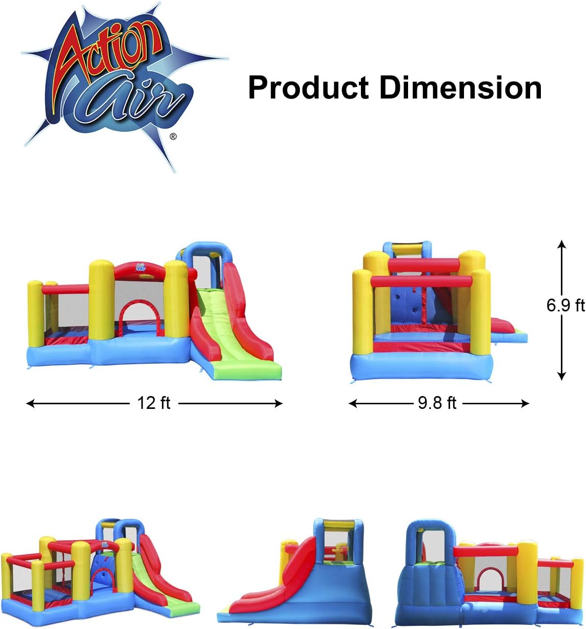 ACTION AIR Bounce House, Bounce House with Blower, Bouncy Castle with Long Slide, Double Jumping Area and 30 Pit Balls, Durable Sewn with Extra Thick Material, for Kids (9359)