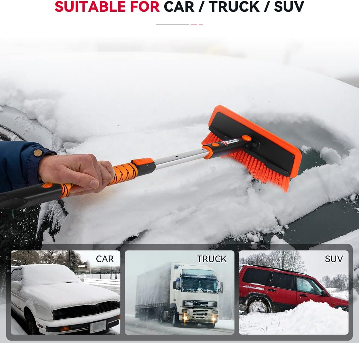 Andeman 37.6" Extendable Snow Brush and Ice Scraper Car Windshield, Foam Grip, 180° Pivoting Brush Head, Ice and Snow Remover for Cars Trucks RV SUV, House Window and Roof