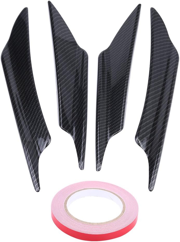 Front Bumper Spoiler Kit, 4pcs Universal ABS Carbon Fiber Car Front Bumper Lip Splitter Fins Canards Trim Kit Car Body Front Bumper Splitter Fins with Adhesive Tape