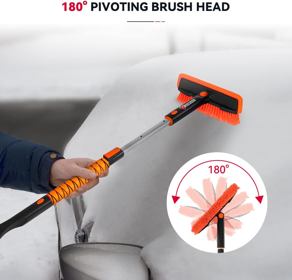 Andeman 37.6" Extendable Snow Brush and Ice Scraper Car Windshield, Foam Grip, 180° Pivoting Brush Head, Ice and Snow Remover for Cars Trucks RV SUV, House Window and Roof