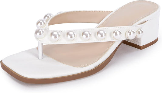 Coutgo Womens Chunky Heel Flip Flops Pearl Sandals Square Toe Mules Slip On Slides Slippers