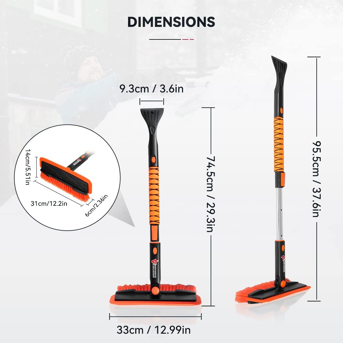 Andeman 37.6" Extendable Snow Brush and Ice Scraper Car Windshield, Foam Grip, 180° Pivoting Brush Head, Ice and Snow Remover for Cars Trucks RV SUV, House Window and Roof