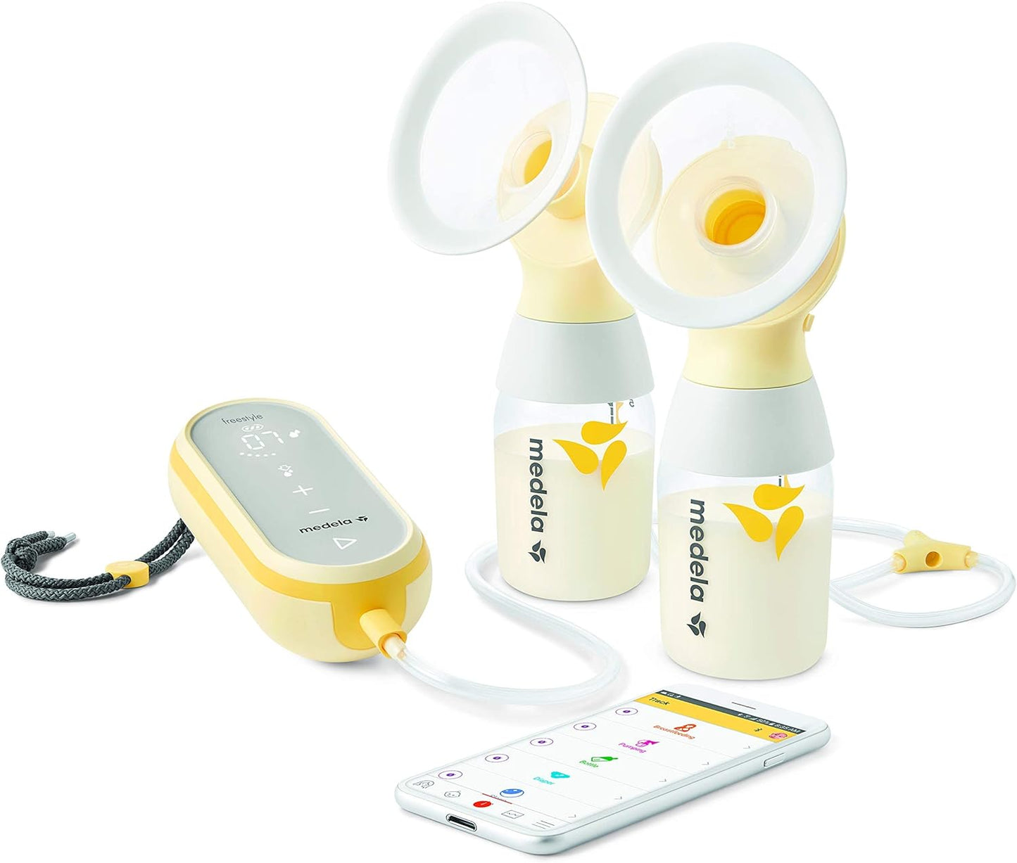 Medela Freestyle Flex Breast Pump with Bonus 100 Breast Milk Storage Bags, Closed System Quiet Handheld Portable Double Electric Breastpump, Mobile Connected Smart Pump with Touch Screen LED Display