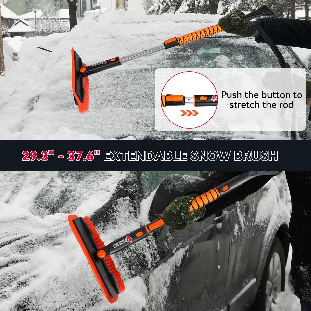 Andeman 37.6" Extendable Snow Brush and Ice Scraper Car Windshield, Foam Grip, 180° Pivoting Brush Head, Ice and Snow Remover for Cars Trucks RV SUV, House Window and Roof