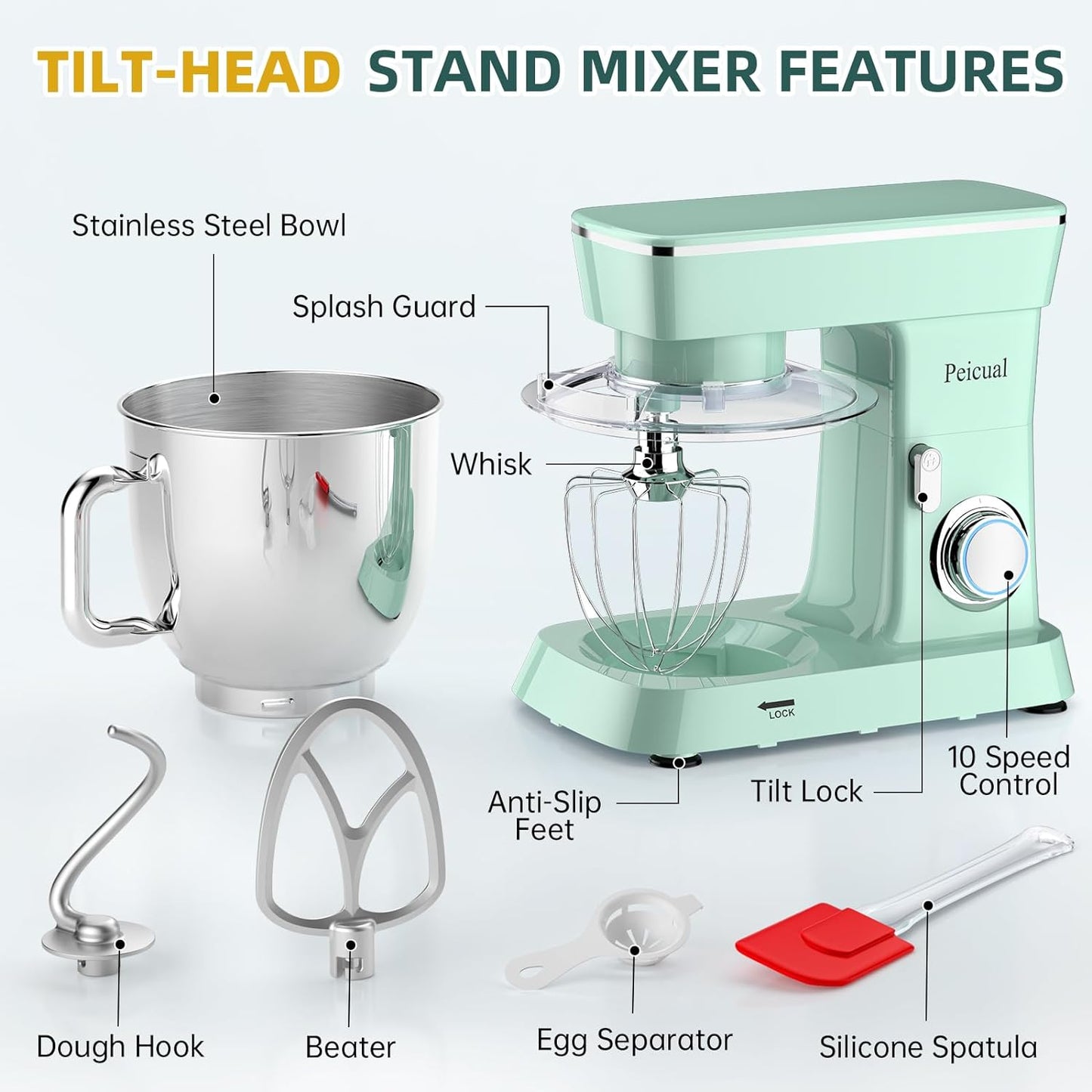 Peicual Household Stand Mixer 5.5Qt Stainless Steel Bowl with Dough Hook