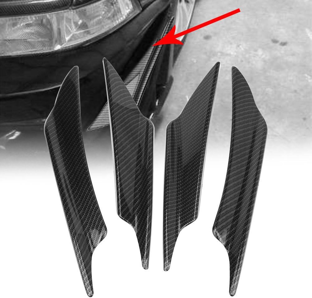 Front Bumper Spoiler Kit, 4pcs Universal ABS Carbon Fiber Car Front Bumper Lip Splitter Fins Canards Trim Kit Car Body Front Bumper Splitter Fins with Adhesive Tape