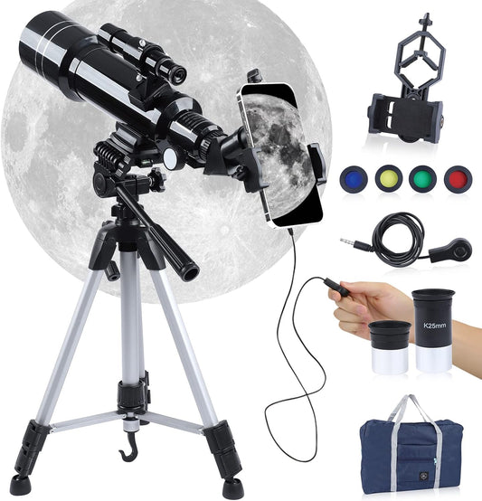 BNISE Telescope for Kids & Adults, Astronomy Beginners Refractor Telescope 70mm Objective Lens, 400mm Focal Length, with Adjustable Tripod Smartphone Adapter Finder Scope Moon Filter and Carry Bag