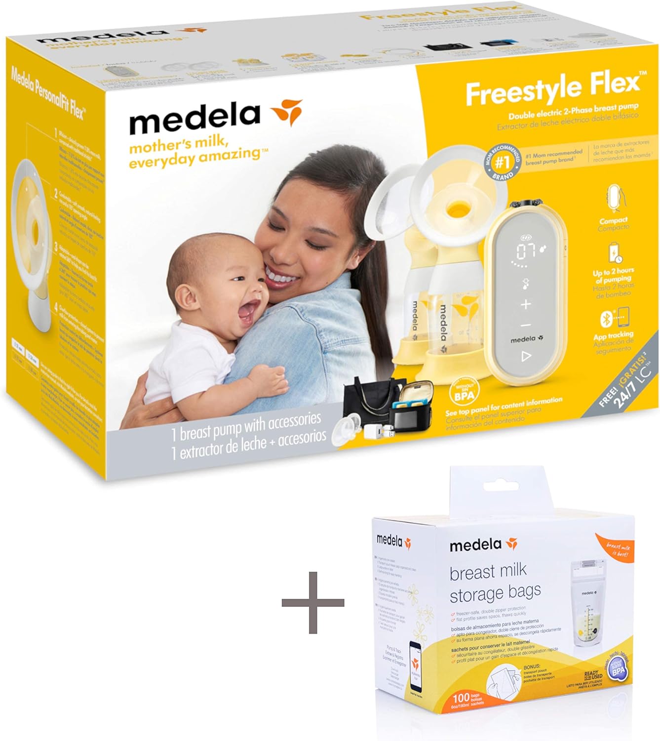 Medela Freestyle Flex Breast Pump with Bonus 100 Breast Milk Storage Bags, Closed System Quiet Handheld Portable Double Electric Breastpump, Mobile Connected Smart Pump with Touch Screen LED Display