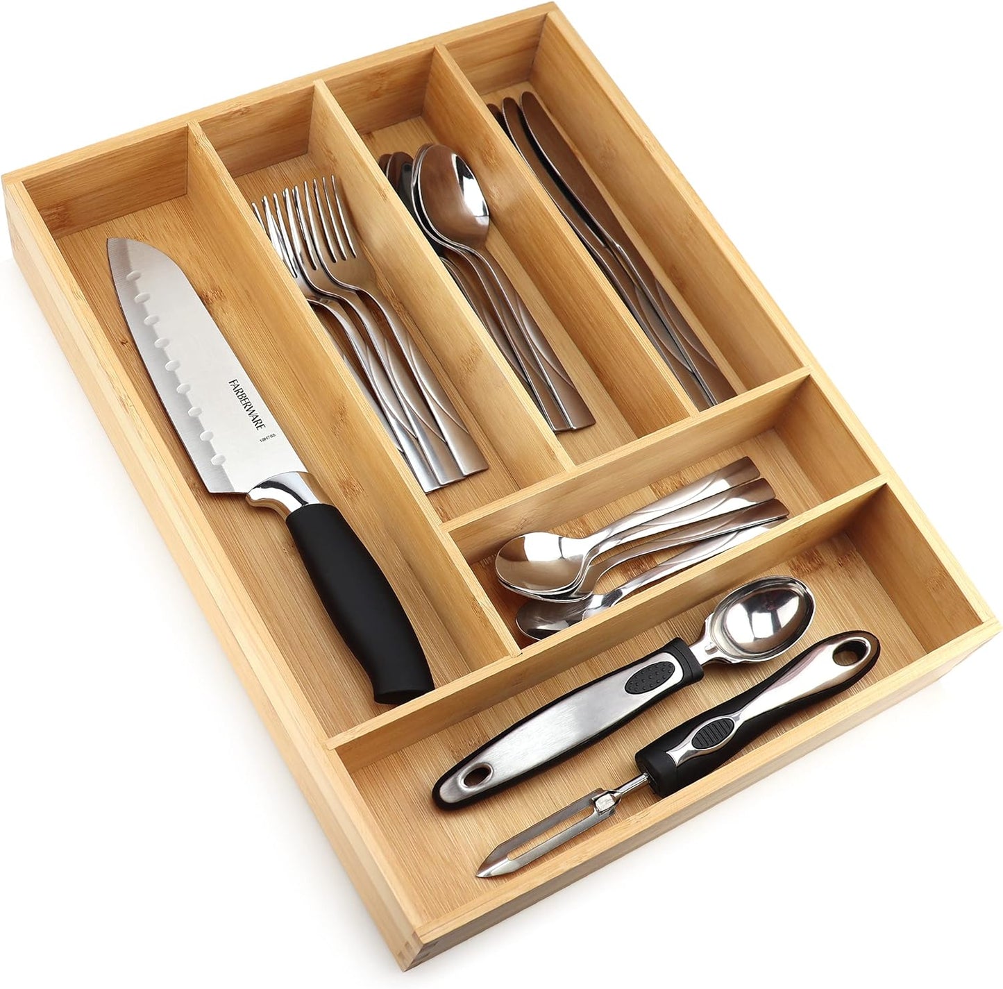 Pristine Bamboo Expandable Drawer Organizers for Kitchen - Extra Deep Non-Slip 17” x 14.6” (expands up to 25 inches) - Dark Wooden Silverware Divider (10 Compartments) – Organize Cooking Utensils