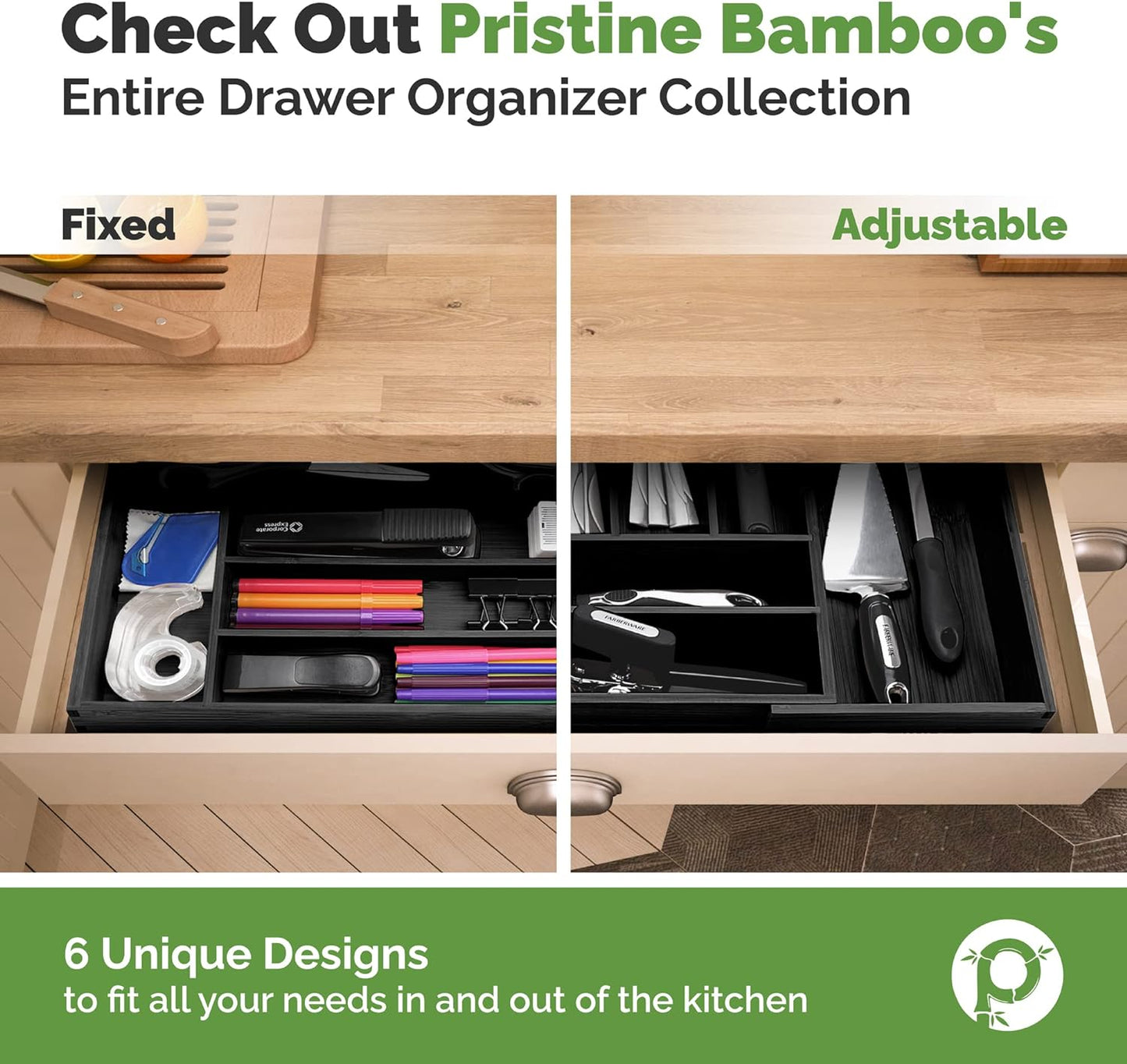 Pristine Bamboo Expandable Drawer Organizers for Kitchen - Extra Deep Non-Slip 17” x 14.6” (expands up to 25 inches) - Dark Wooden Silverware Divider (10 Compartments) – Organize Cooking Utensils